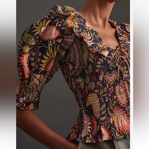 Anthropologie Love the Label Jasper Molly Smocked Blouse XS Black Floral Ruffle